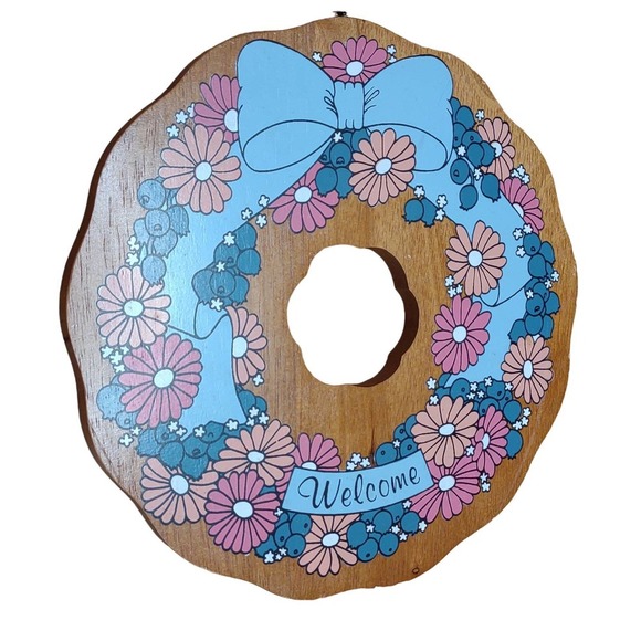 Anthropologie Other - Vintage MCM wooden double sided welcome sign floral painted wreath decor Cottage